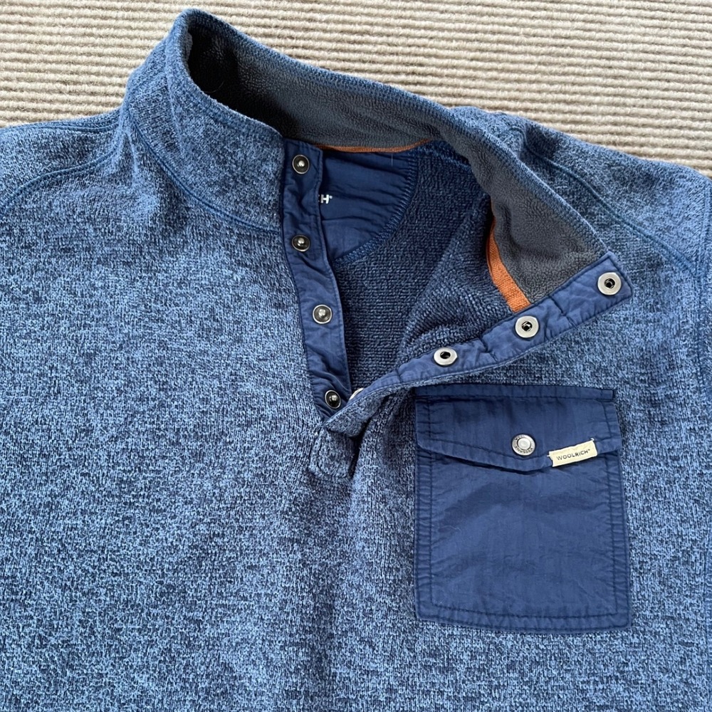 Woolrich Mens Blue Marled Fleece Quarter Snap Pullover Sweater Size Large - Picture 2 of 9